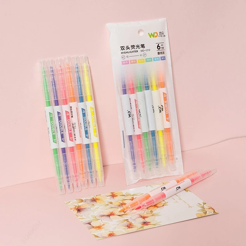Pastel Highlighter Set Double Ended - 学校用パステルカラー蛍光ペン、ダブルヘッド、ユニークなウィンドウチップ、ソフトカラーマーカー、文房具用品、セットあたり6色